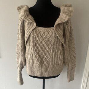 NWT Women’s XL H&M Tan Beige Cable Knit Crop Sweater w/ Ruffles Acrylic Wool